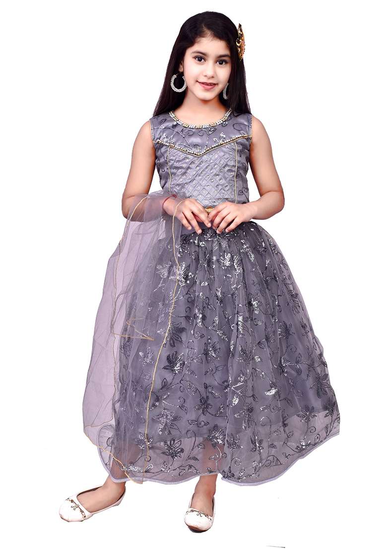 Grey Embellished Net Girls Lehenga - Indya