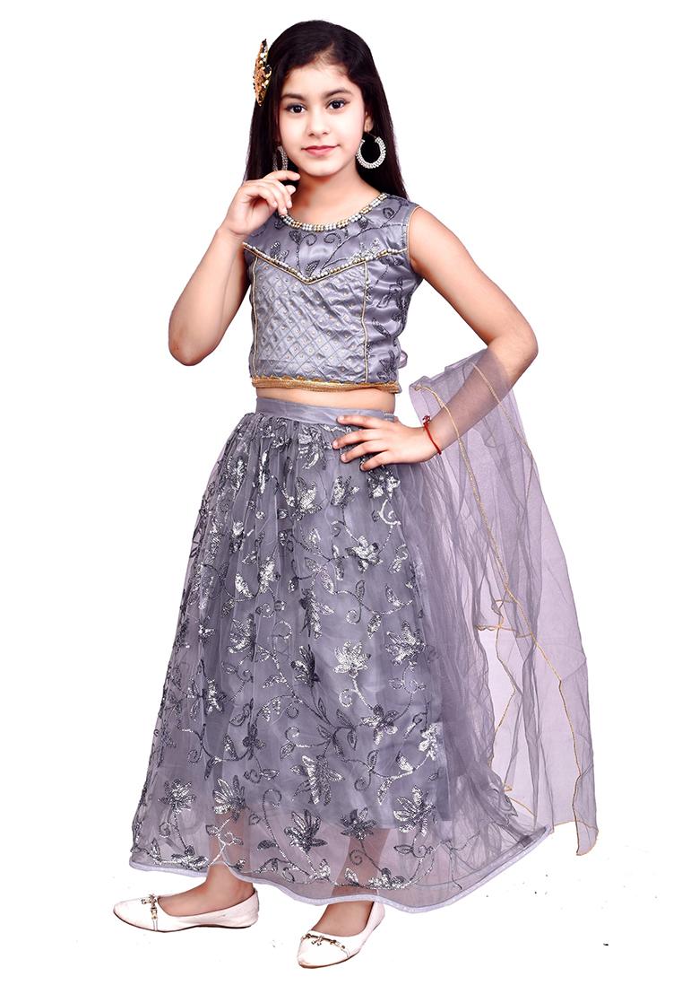 Grey Embellished Net Girls Lehenga - Indya