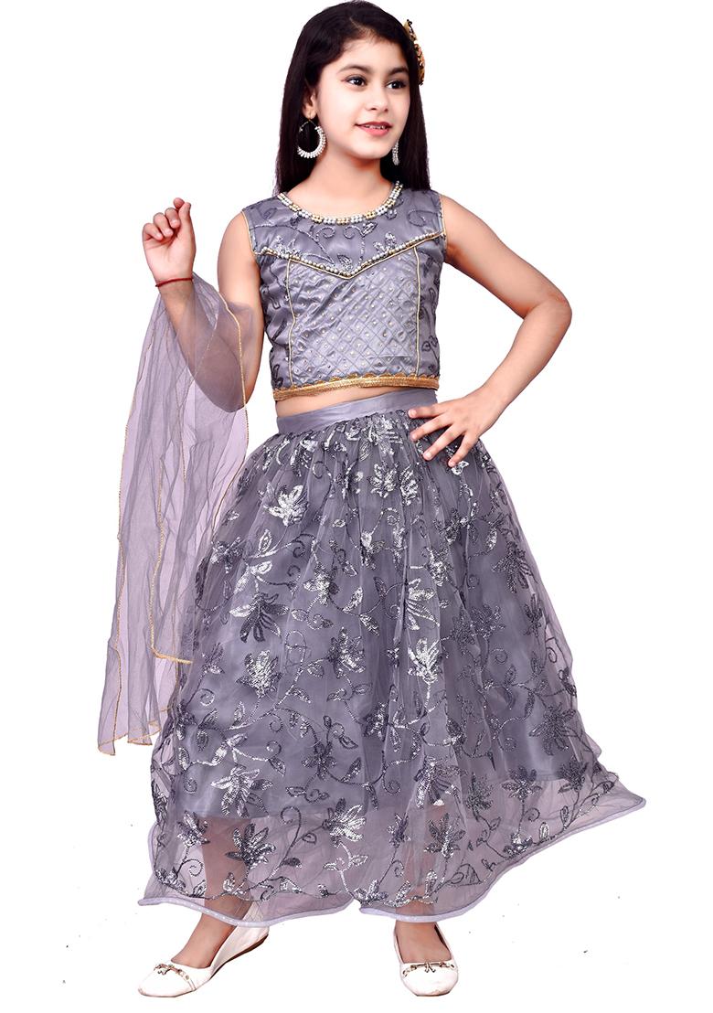 Grey Embellished Net Girls Lehenga - Indya