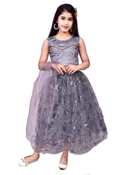 Grey Embellished Net Girls Lehenga