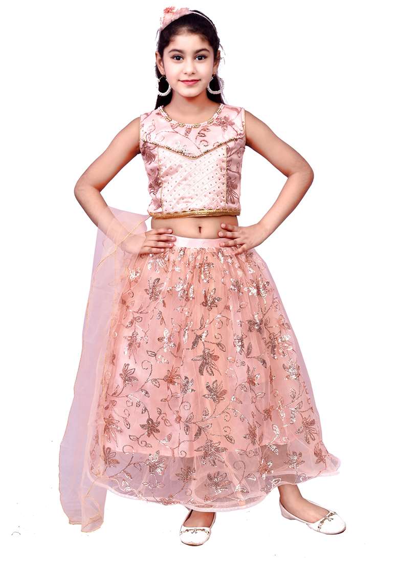 Peach Embellished Net Girls Lehenga - Indya