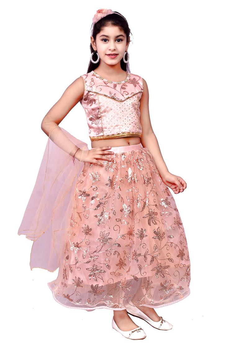 Peach Embellished Net Girls Lehenga - Indya