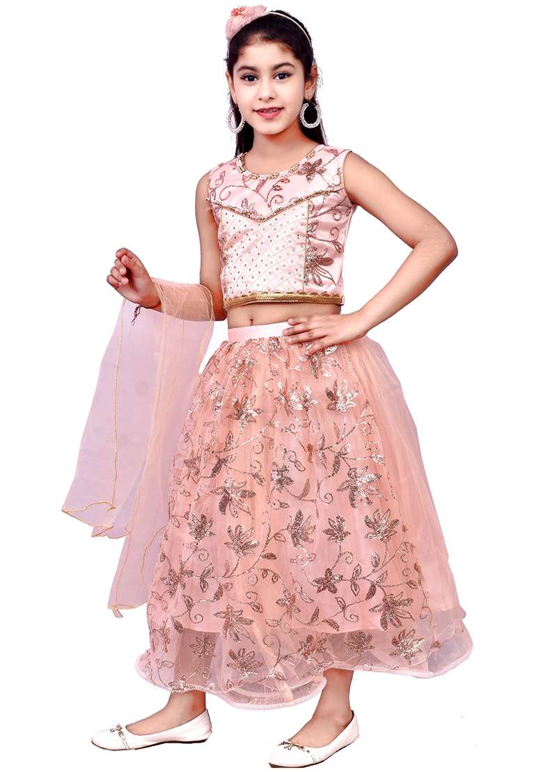 Peach Embellished Net Girls Lehenga - Indya