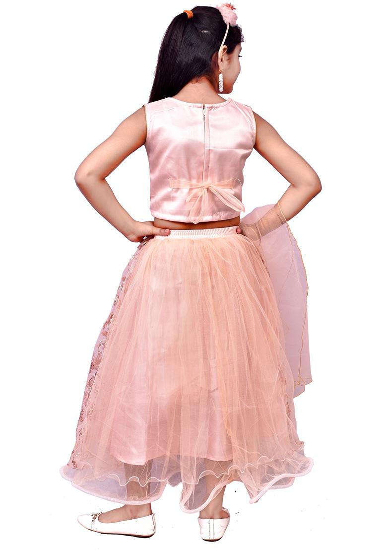 Peach Embellished Net Girls Lehenga - Indya