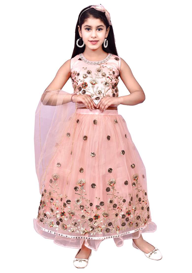 Peach Embellished Net Girls Lehenga - Indya