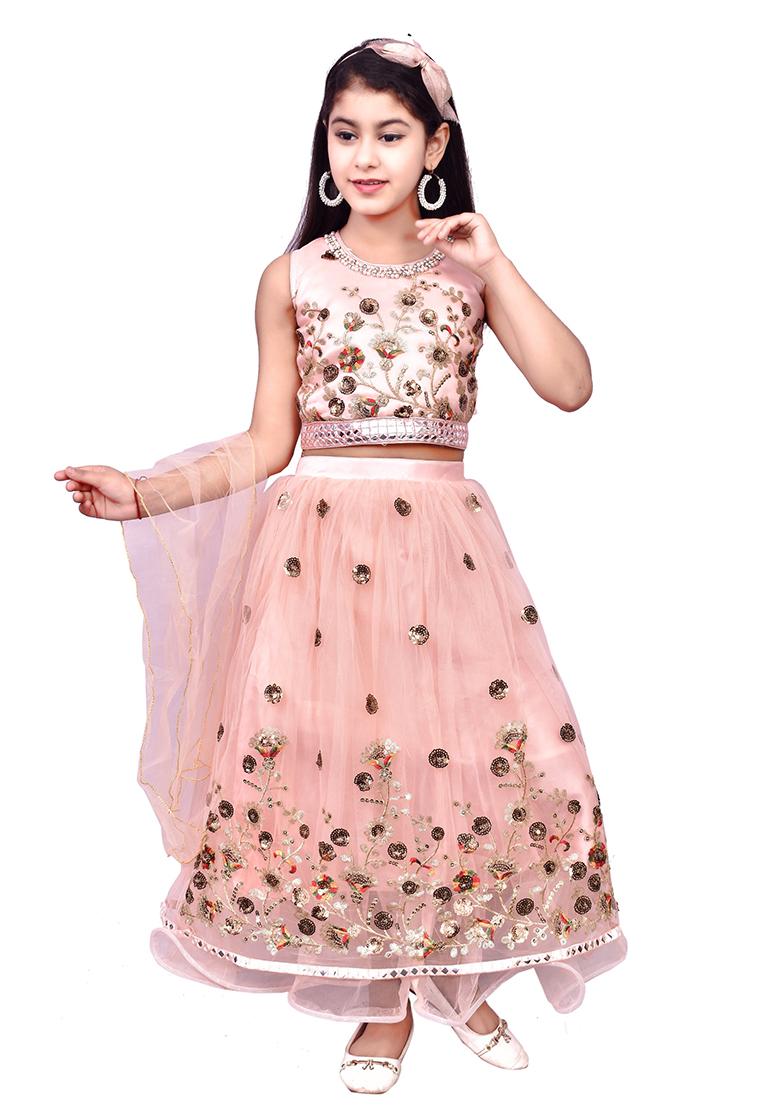 Peach Embellished Net Girls Lehenga - Indya