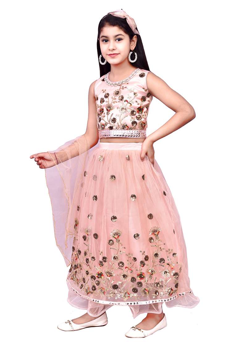 Peach Embellished Net Girls Lehenga - Indya