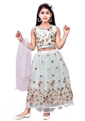Green Embellished Net Girls Lehenga