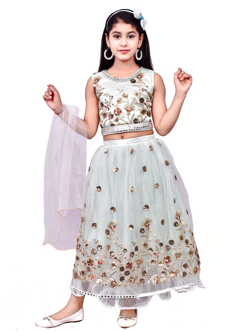 Green Embellished Net Girls Lehenga - Indya