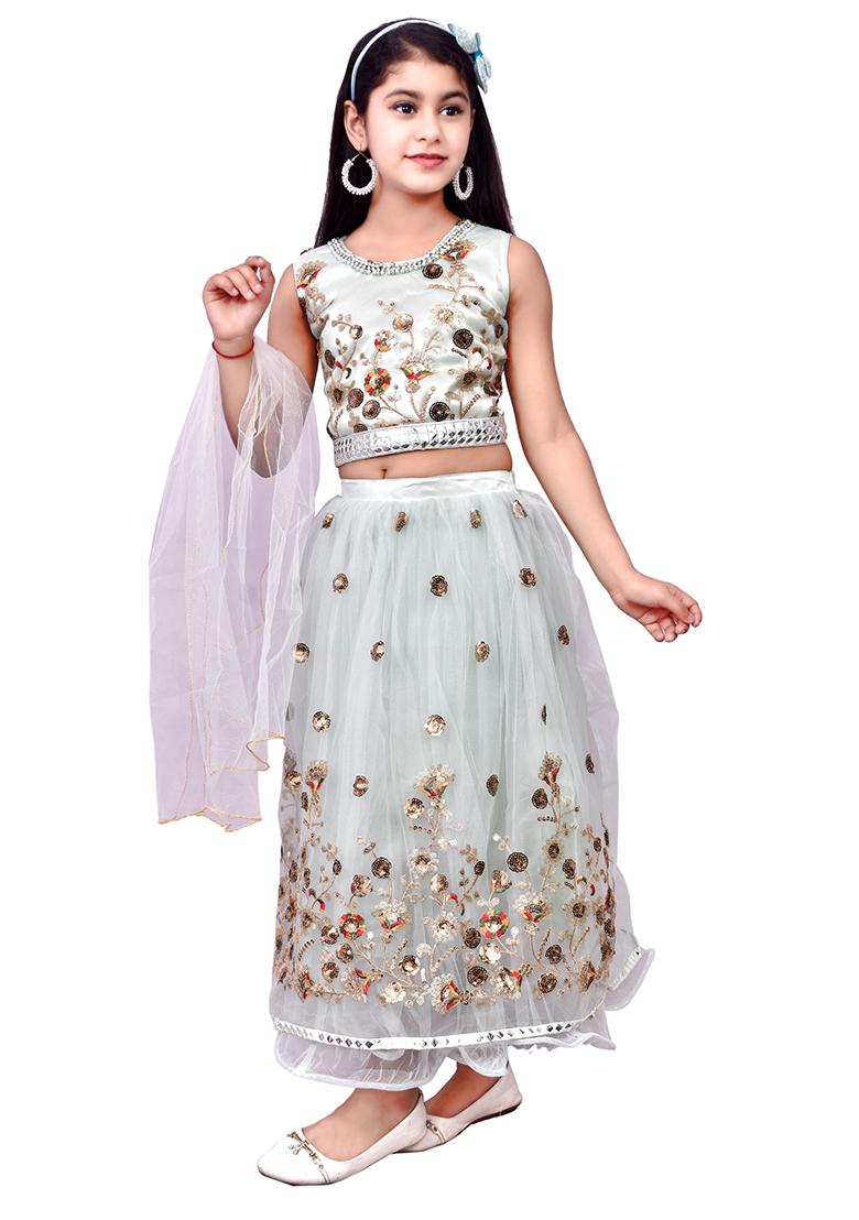Green Embellished Net Girls Lehenga - Indya