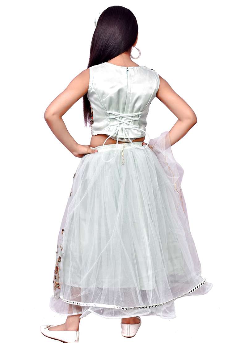 Green Embellished Net Girls Lehenga - Indya