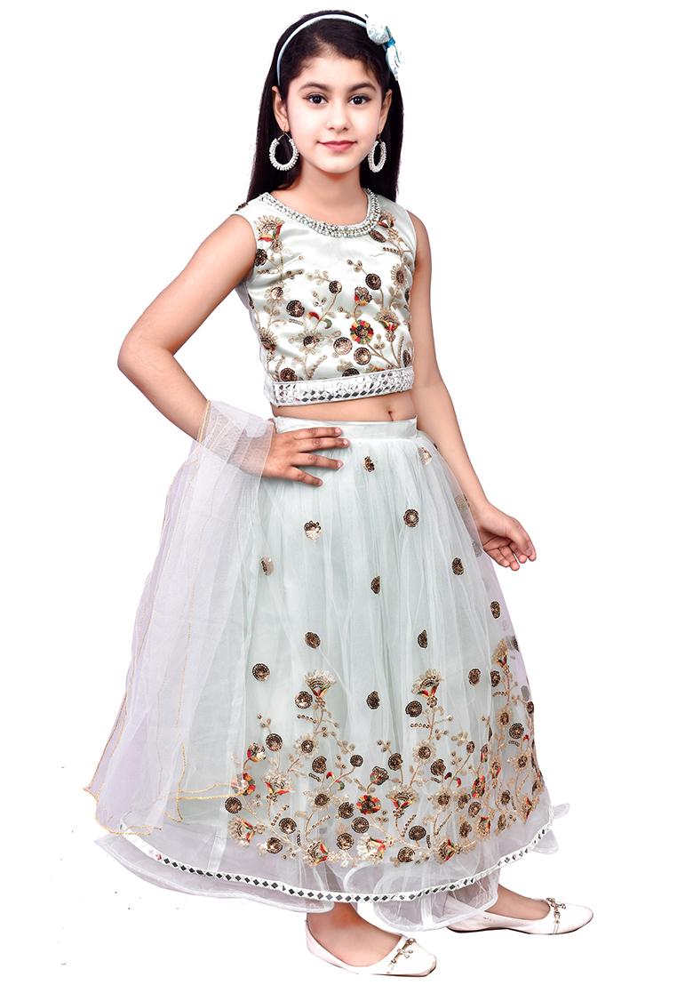 Green Embellished Net Girls Lehenga - Indya