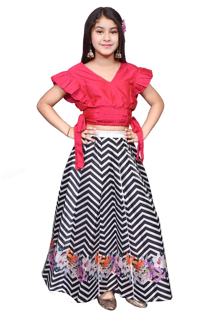 Pink Printed Silk Blend Girls Lehenga - Indya