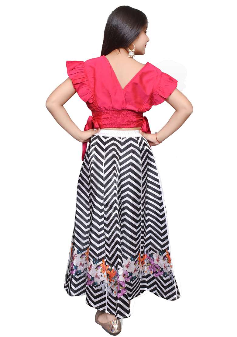 Pink Printed Silk Blend Girls Lehenga - Indya