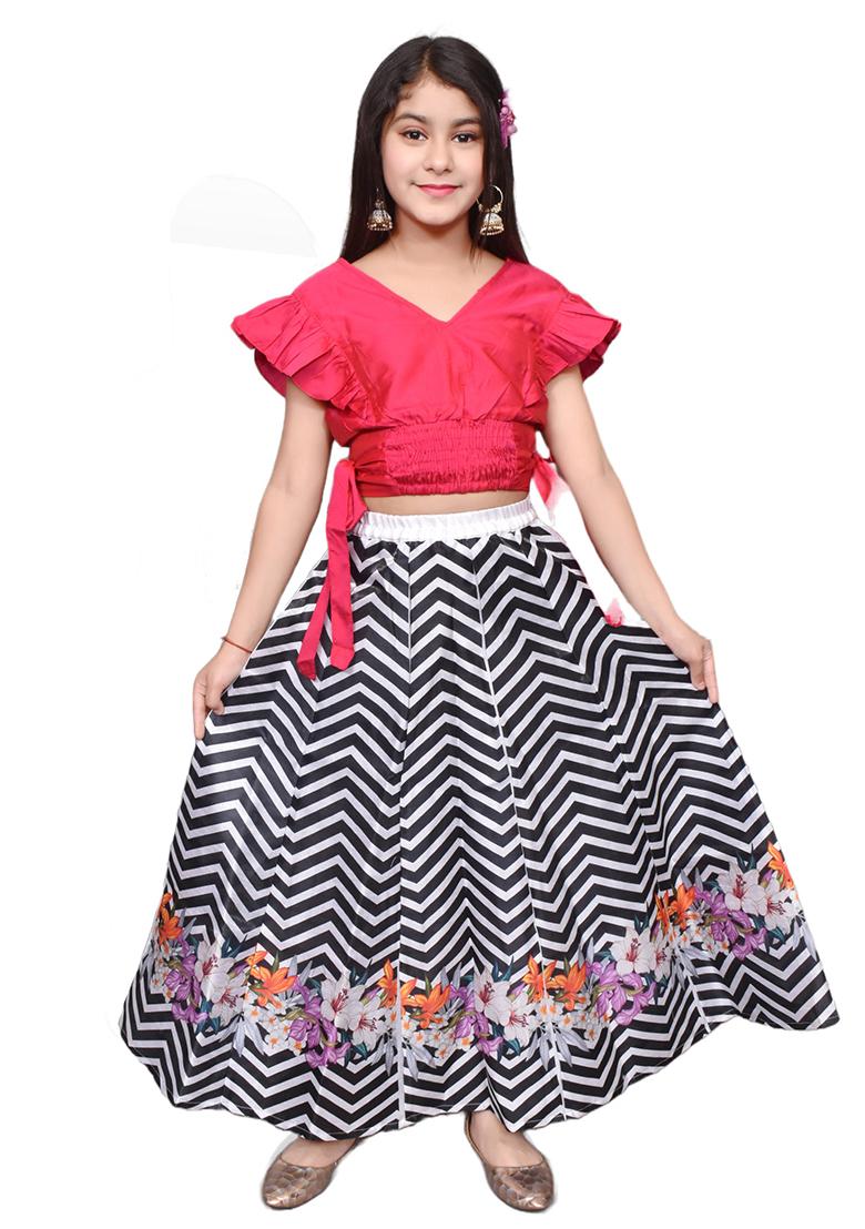 Pink Printed Silk Blend Girls Lehenga - Indya