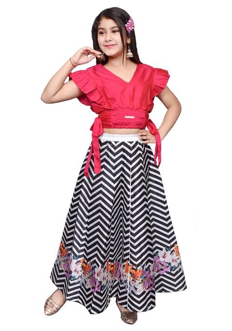 Pink Printed Silk Blend Girls Lehenga