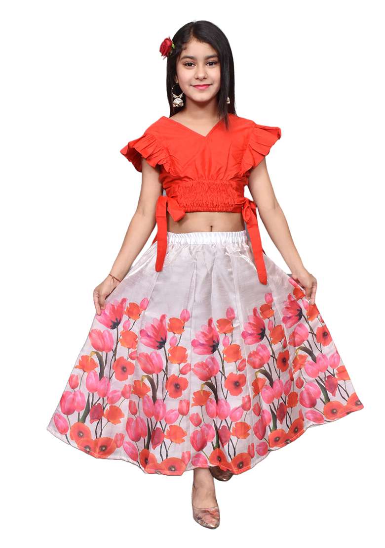 Red Printed Silk Blend Girls Lehenga - Indya