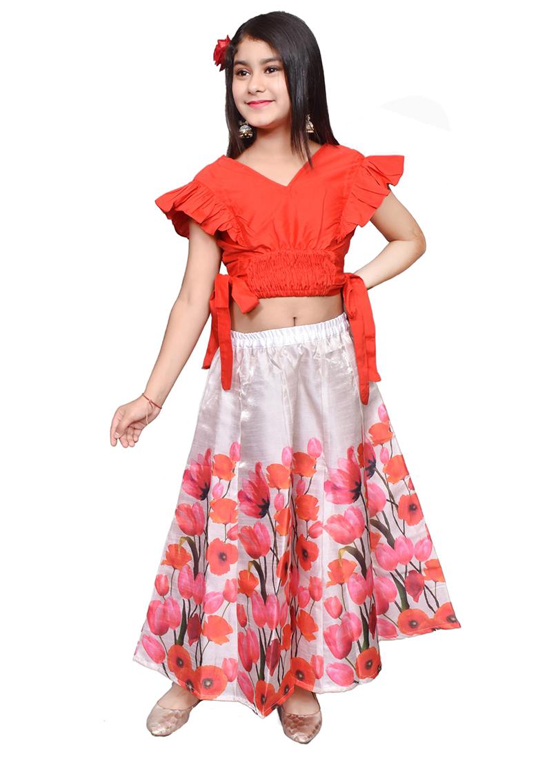 Red Printed Silk Blend Girls Lehenga - Indya