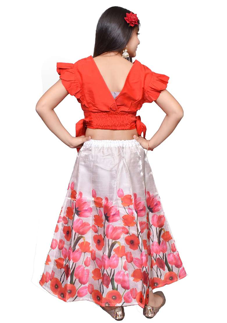 Red Printed Silk Blend Girls Lehenga - Indya