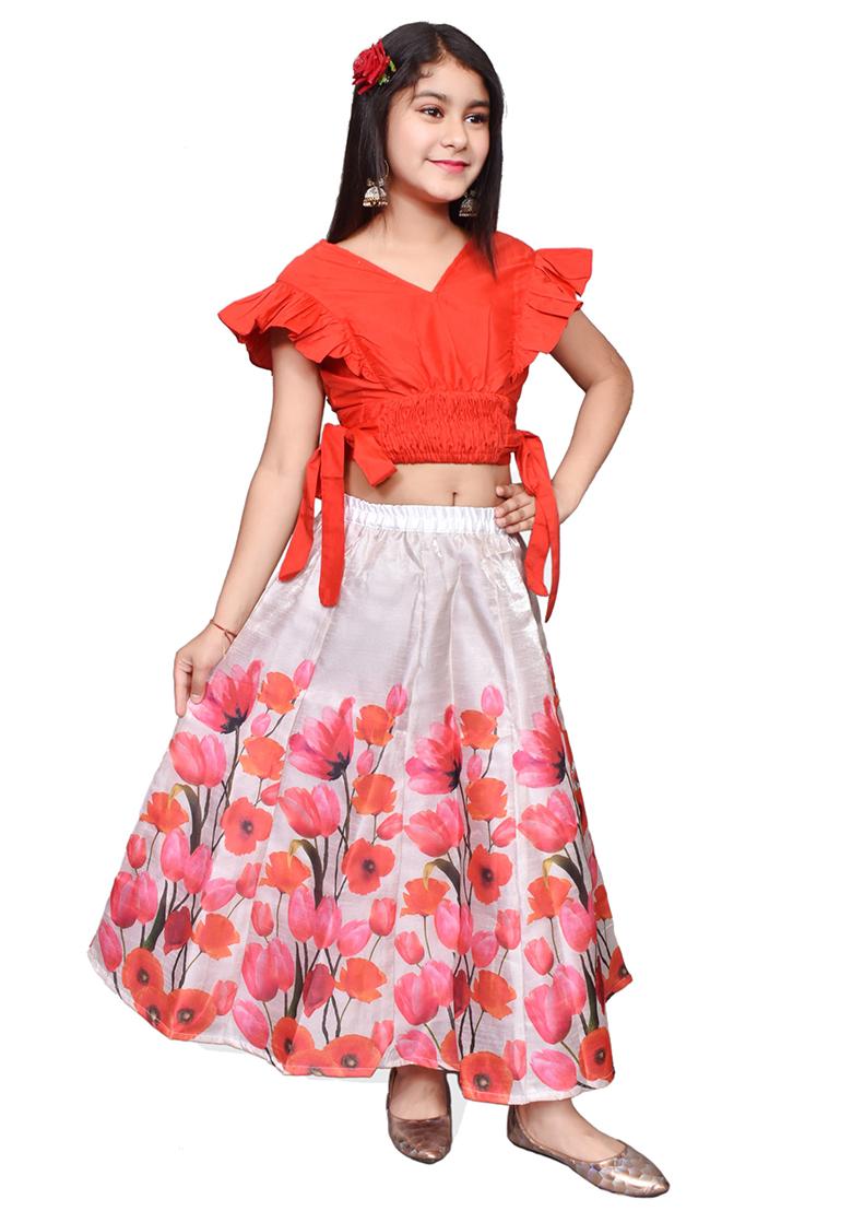 Red Printed Silk Blend Girls Lehenga - Indya