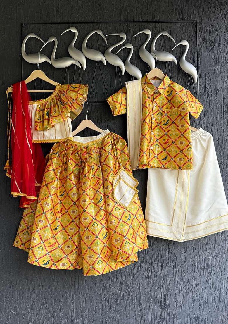 Yellow Printed Cotton Lehenga For Girls - Indya
