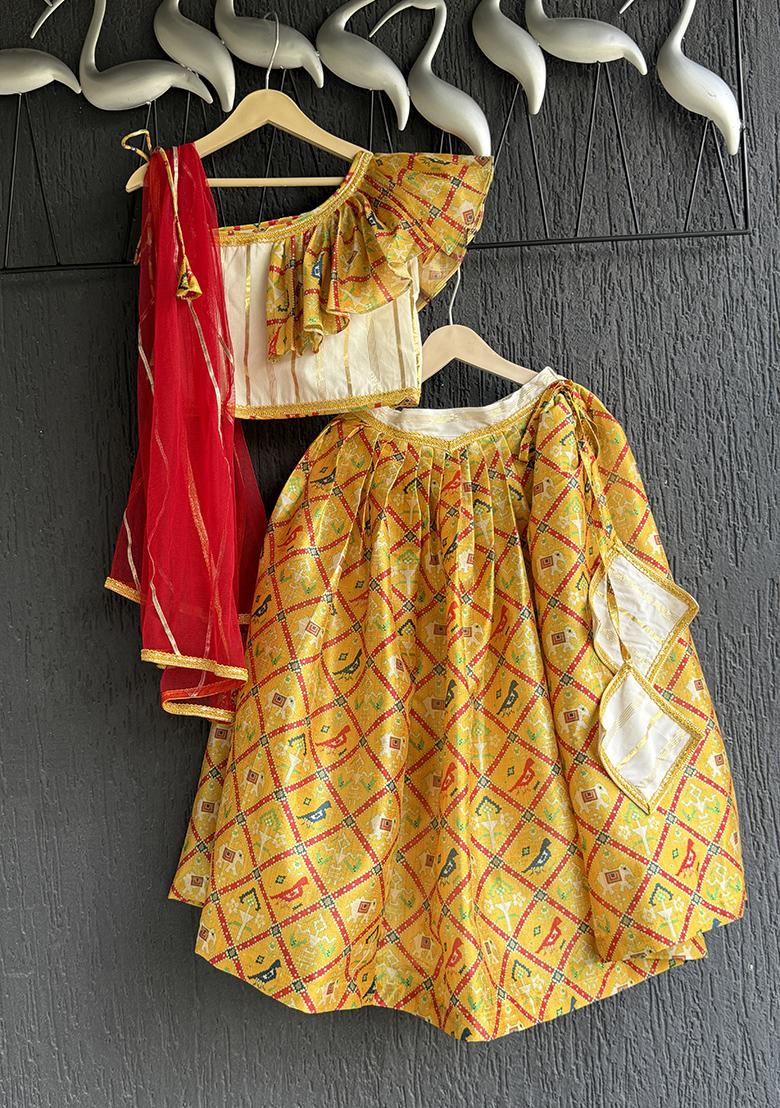 Yellow Printed Cotton Lehenga For Girls - Indya