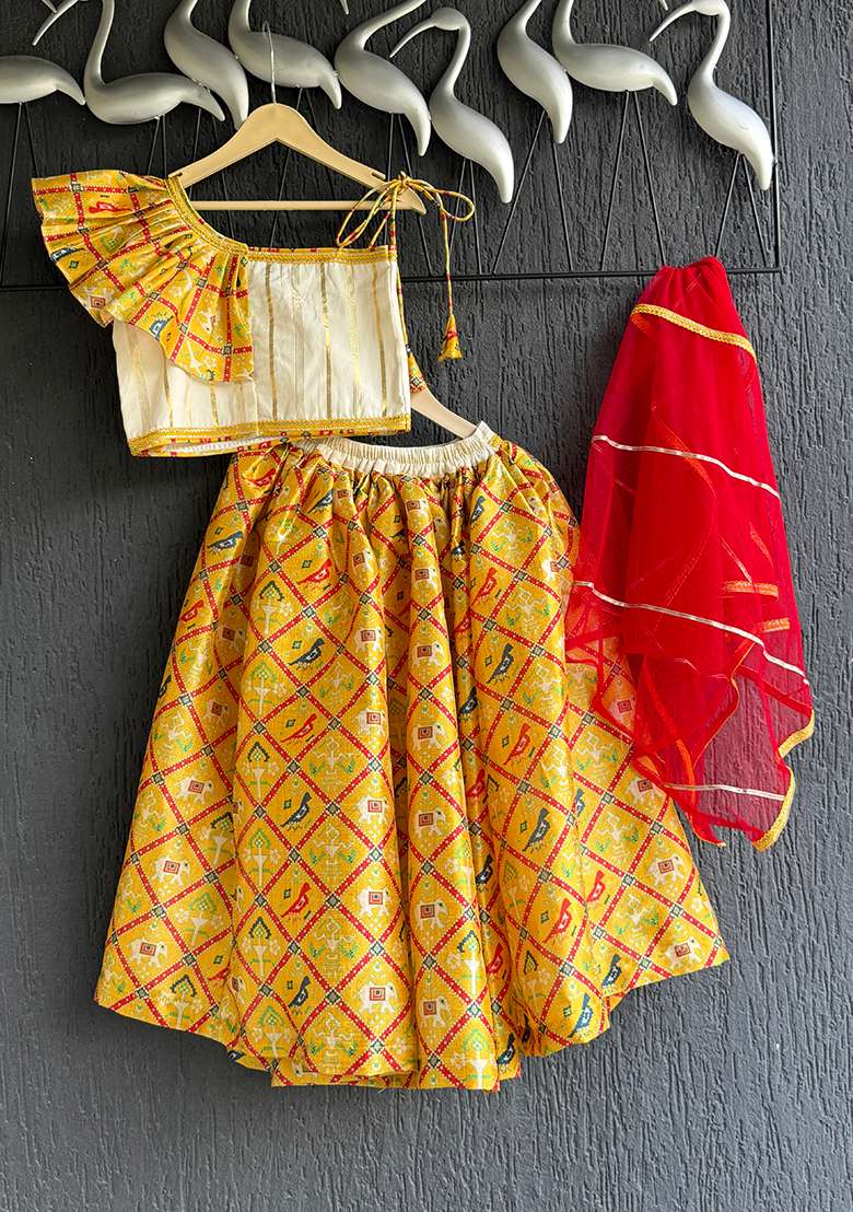 Yellow Printed Cotton Lehenga For Girls - Indya