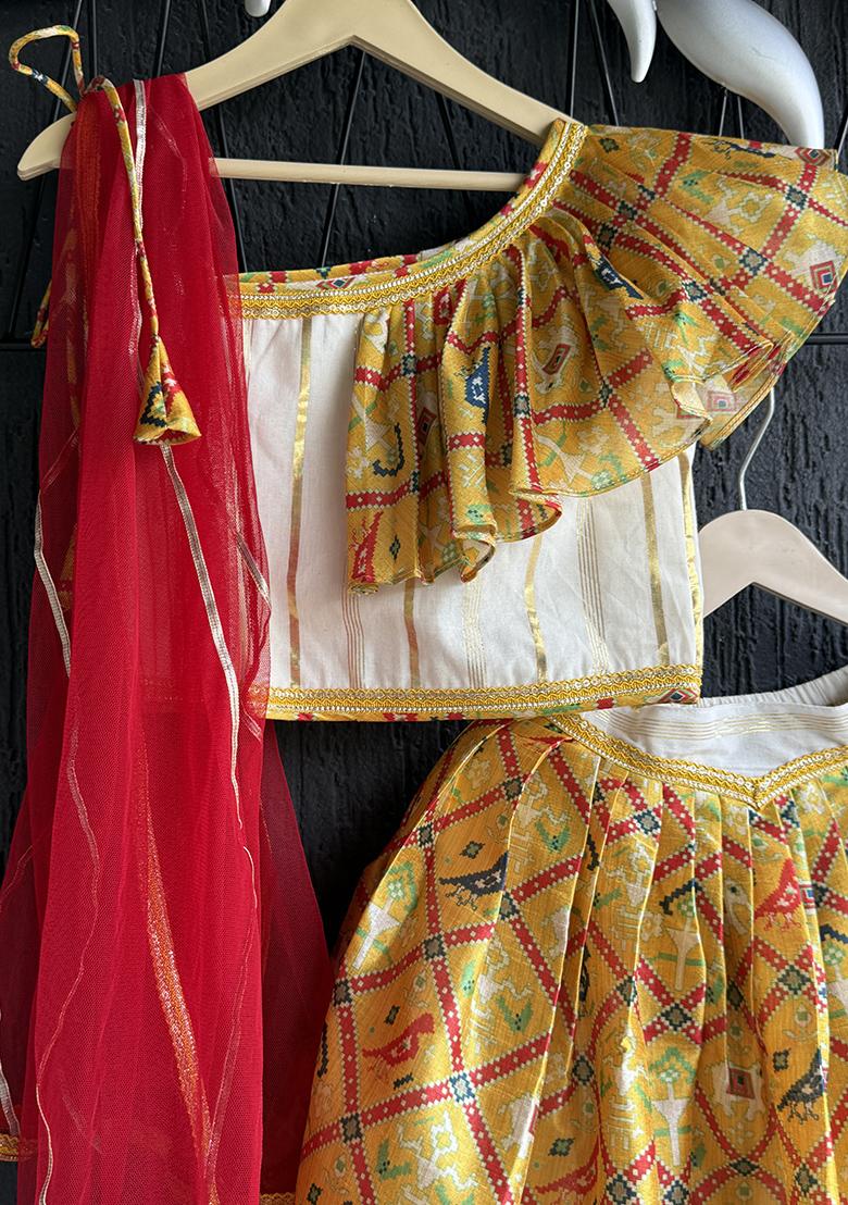 Yellow Printed Cotton Lehenga For Girls - Indya