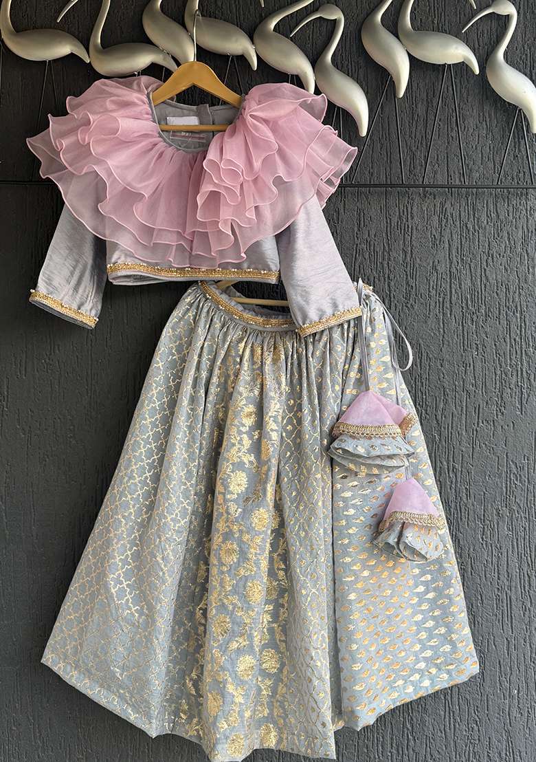 Pink Printed Cotton Lehenga Set For Girls - Indya