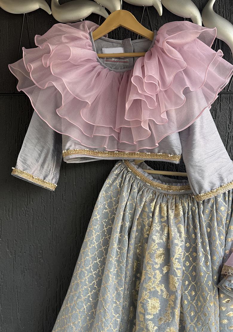 Pink Printed Cotton Lehenga Set For Girls - Indya