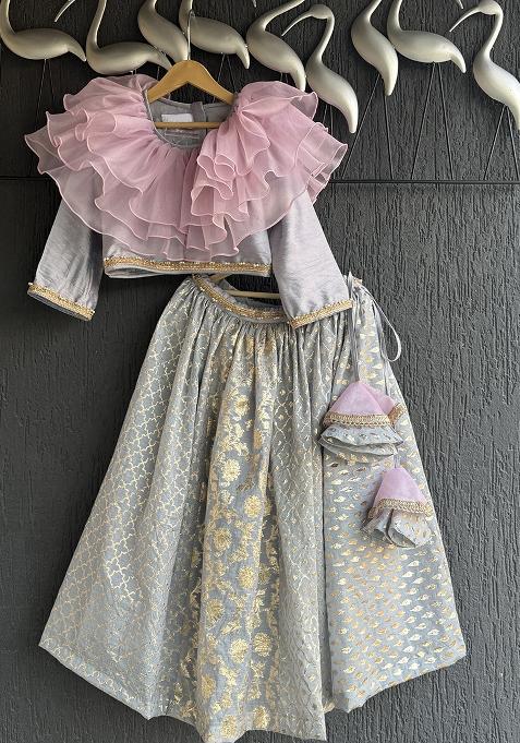 Pink Printed Cotton Lehenga Set For Girls