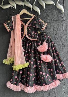 Black Printed Cotton Lehenga Set For Girls