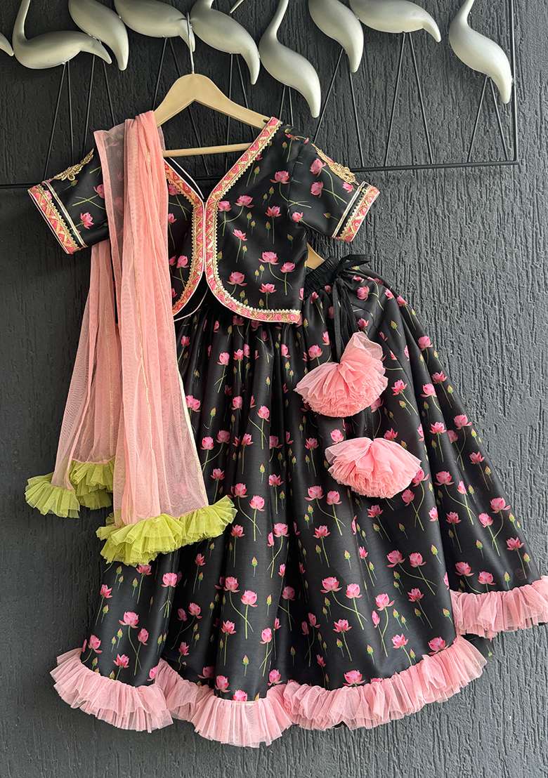 Black Printed Cotton Lehenga Set For Girls - Indya