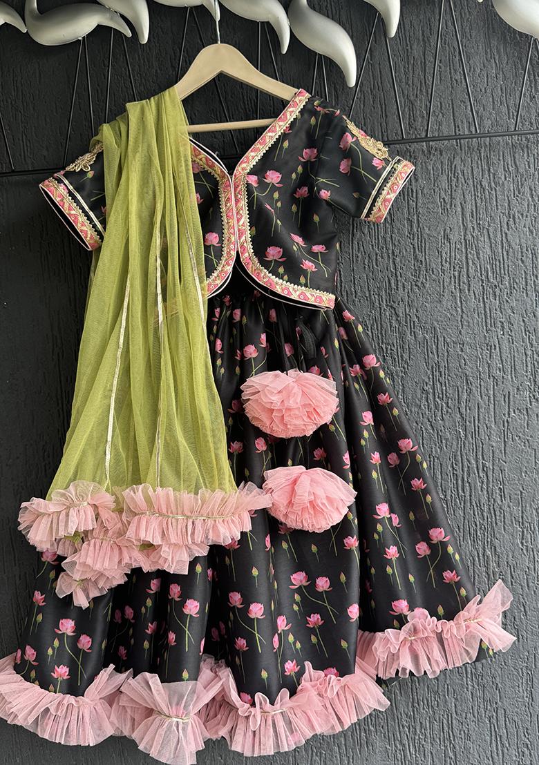 Black Printed Cotton Lehenga Set For Girls - Indya