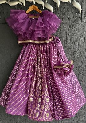Purple Printed Cotton Lehenga Set For Girls