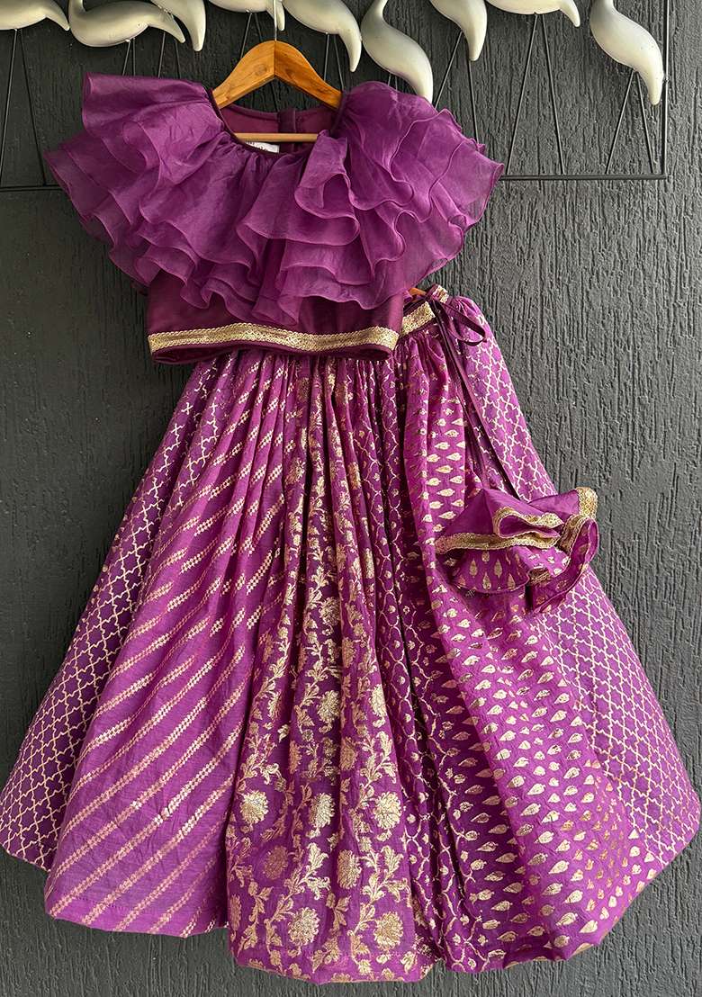 Purple Printed Cotton Lehenga Set For Girls - Indya