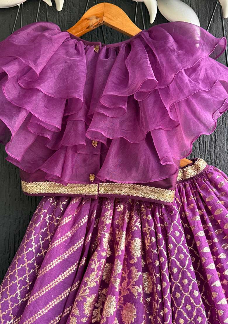 Purple Printed Cotton Lehenga Set For Girls - Indya
