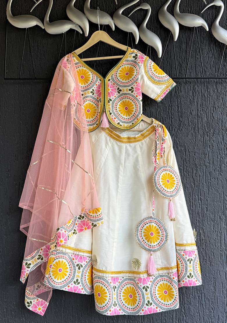 Sunflower Printed Cotton Lehenga Set For Girls - Indya