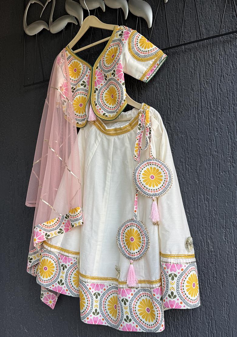 Sunflower Printed Cotton Lehenga Set For Girls - Indya