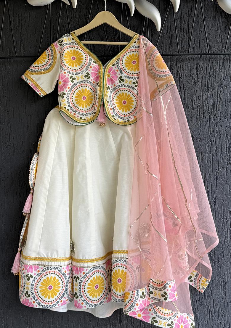 Sunflower Printed Cotton Lehenga Set For Girls - Indya