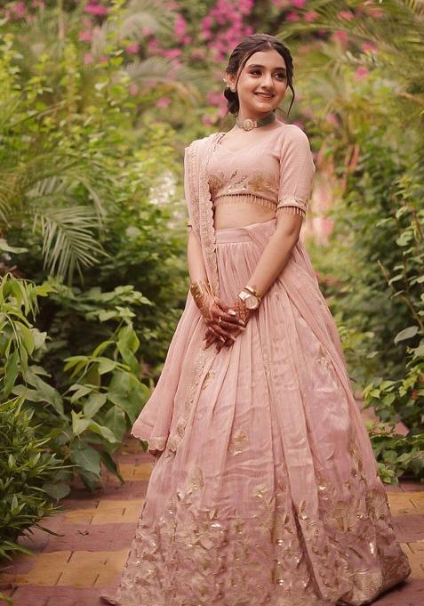 Peach Embroidery Silk Lehenga Choli For Girl