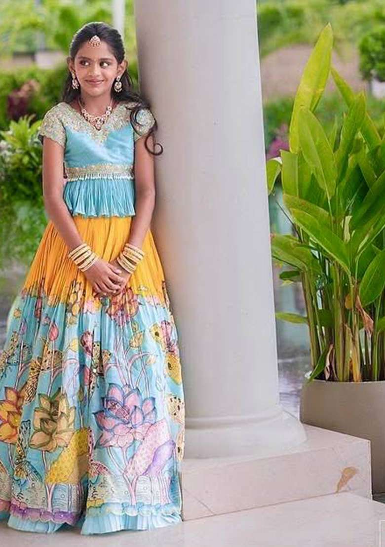 Sky Blue Embroidery Silk Lehenga Choli For Girl - Indya