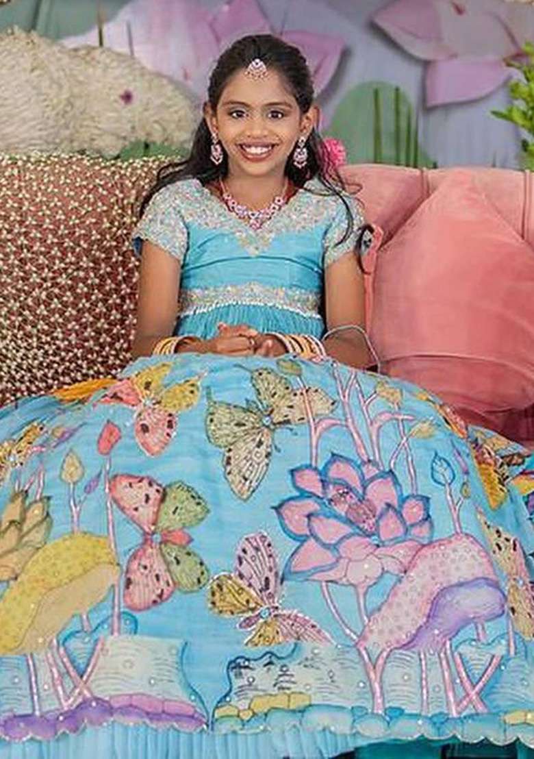 Sky Blue Embroidery Silk Lehenga Choli For Girl - Indya