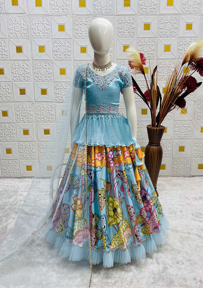 Sky Blue Embroidery Silk Lehenga Choli For Girl - Indya