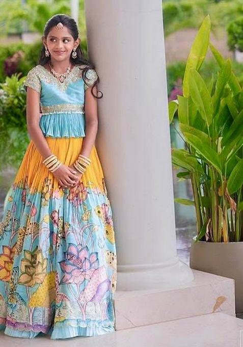 Sky Blue Embroidery Silk Lehenga Choli For Girl