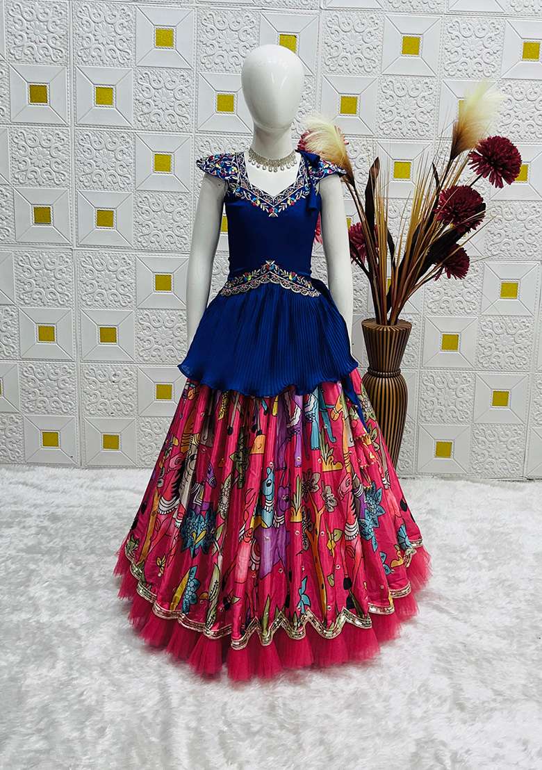 Blue Embroidery Silk Lehenga Choli For Girl - Indya