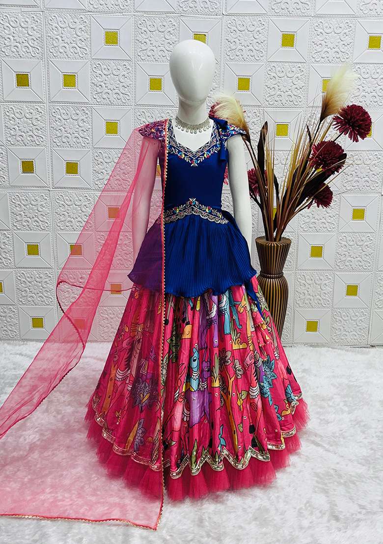 Blue Embroidery Silk Lehenga Choli For Girl - Indya