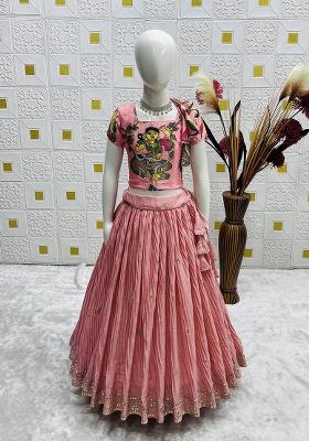 Peach Embroidery Silk Lehenga Choli For Girl