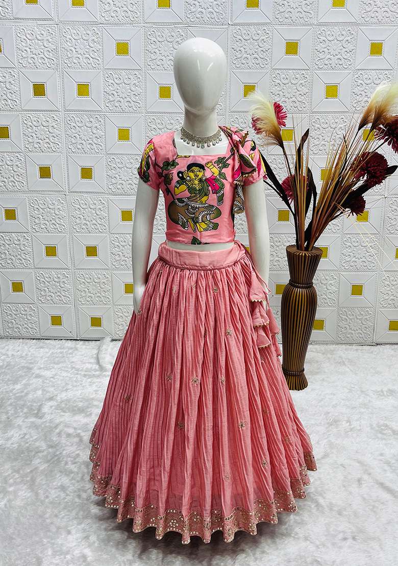 Peach Embroidery Silk Lehenga Choli For Girl - Indya