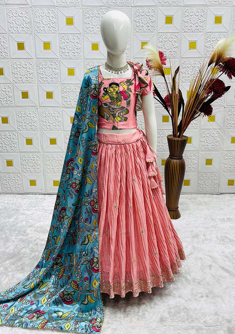 Peach Embroidery Silk Lehenga Choli For Girl - Indya